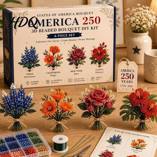 Korálkový buket Řemeslo 3D korálkovací sada Amerika 250. výročí DIY Sada pro začátečníky Květinové korálkové umění pro dospělé Začátečníky Malá sada
