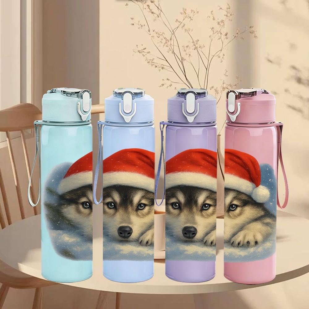 1PC Husky Santa Hat Portrait 750ml Color Plastic Sports Water Bottle Leakproof Flip Straw Lid Suitable for Sports Office Home Use