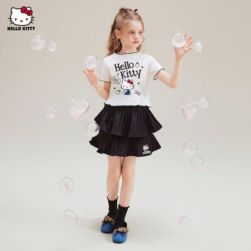 Hello Kitty Girls Summer Suit 2025 New Sweet and Cool Korean Style Cartoon Kidsren's Short-Sleeved Skirt Two-Piece Set