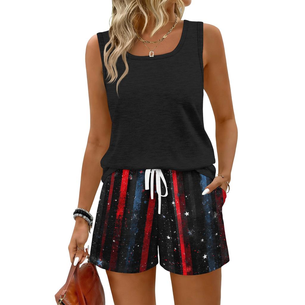 Women’s Summer Casual Two Piece Set Sleeveless Square Neck Tank Top and Drawstring Shorts with Star Print and Pockets for Outdoor Sports Lounge
