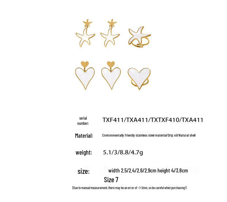 Oumeka Natural Seashell Heart Earrings & Ring Set - Stainless Steel Fashion Jewelry