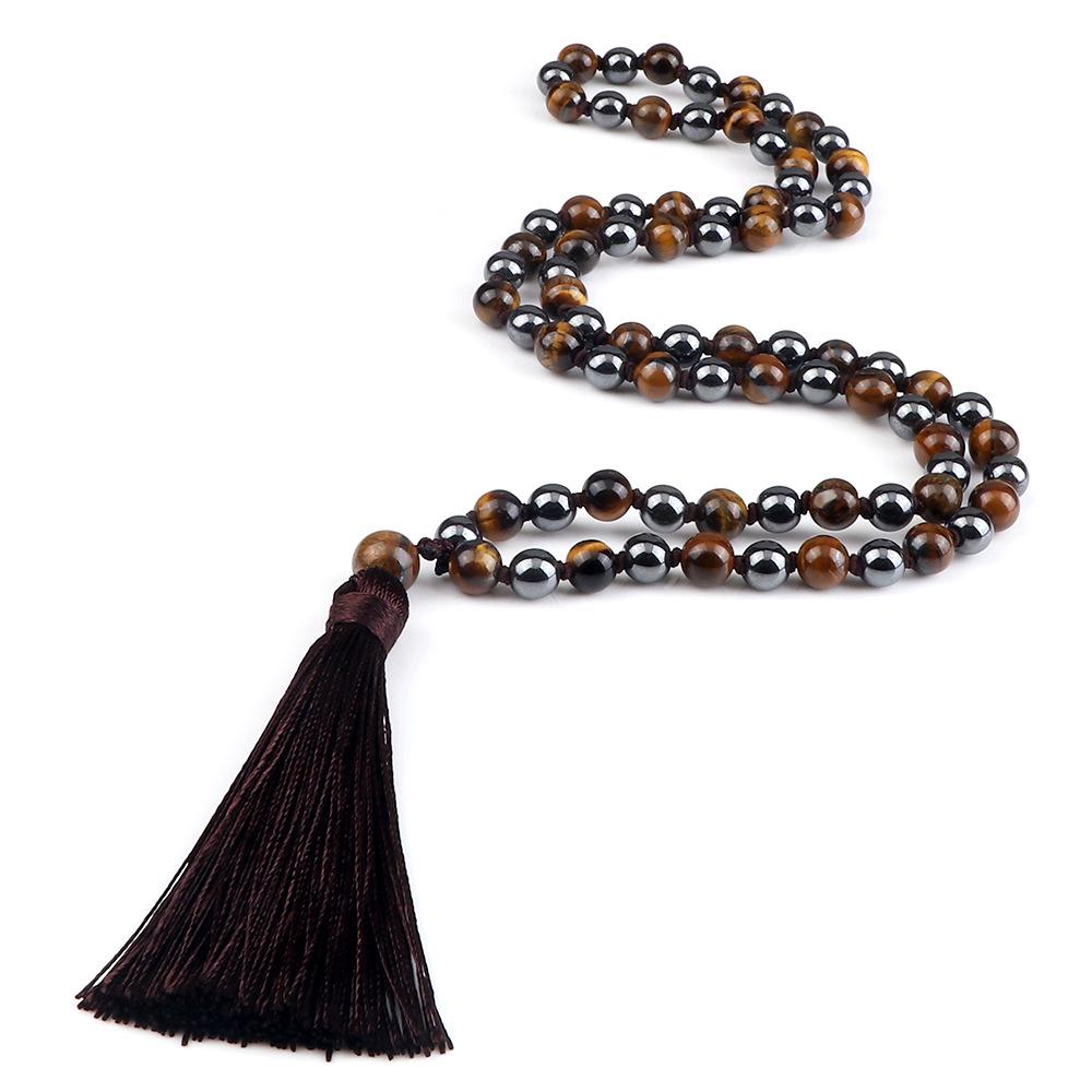 European 8mm Stone Bead Tassel Necklace and Multi-Strand Buddhist Bead Bracelet