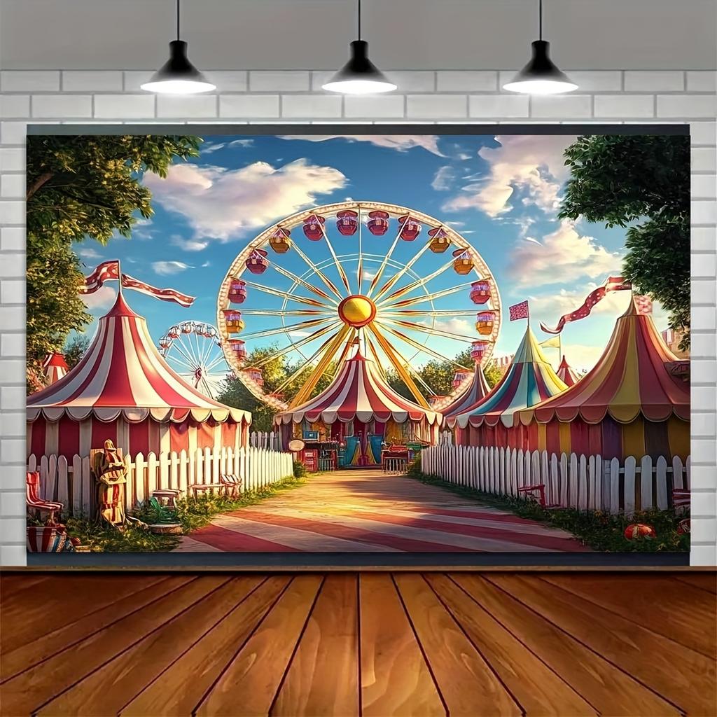 Ein Foto-Hintergrundbanner mit Zirkus-Karnevals-Muster, 2D-flaches festliches Wandtuch für die Geburtstagsparty