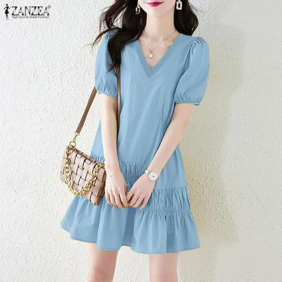 Women Casual V-Neck Solid Color Summer Short Sleeve Dress