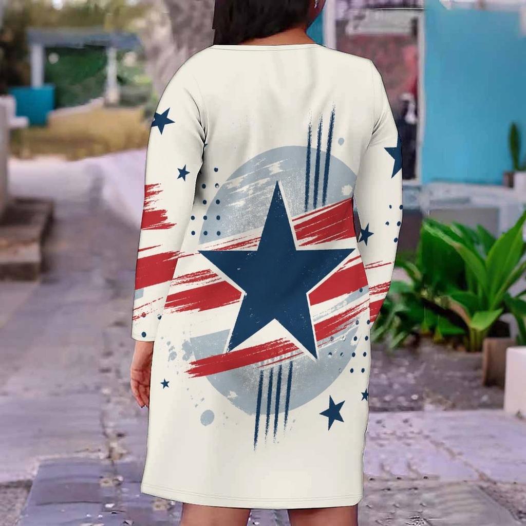 Women Plus Size Off White V Neck Long Sleeve Printed Fitted Straight Hem Dress