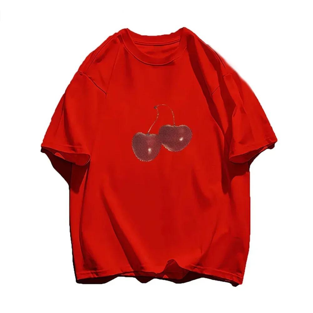 2024 Beautiful Cherry Print Summer T-Shirt Streetwear Gothic Harajuku Letter Graphic TShirt Vintage Crop Top Women's Y2K Clothes