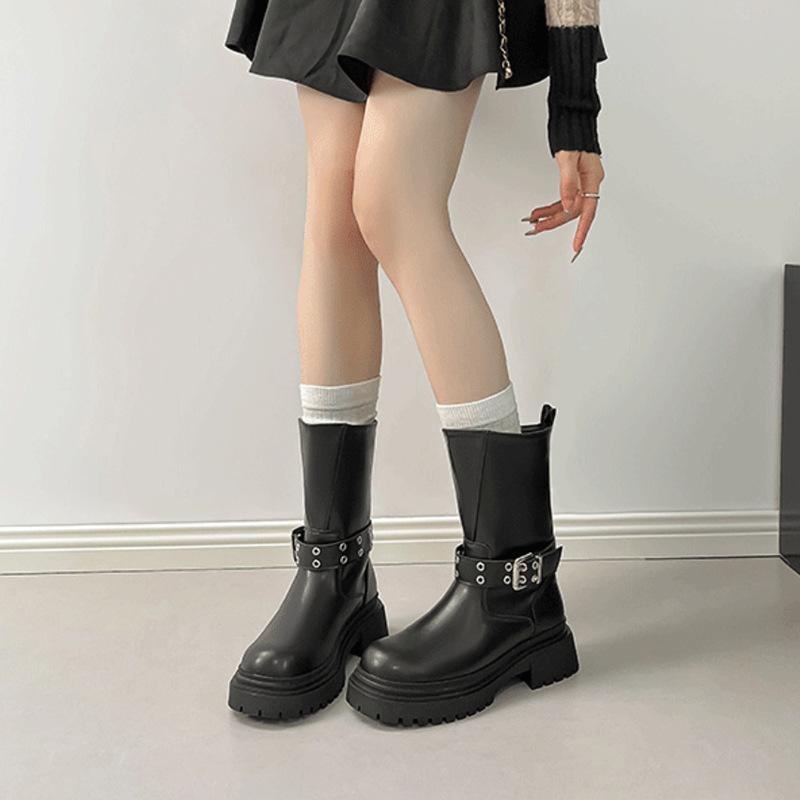 

Cowhide version~ British style thick-soled thick-heeled belt buckle locomotive boots retro leather thin versatile short Martin boots 40 чорний