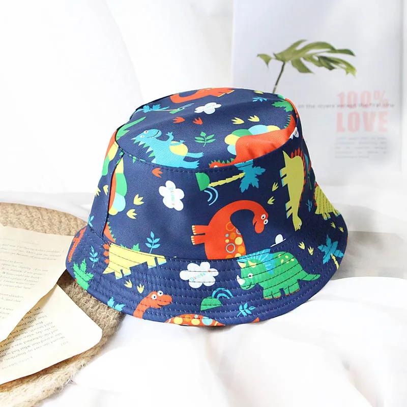 New Spring Summer Children's Cartoon Dinosaur Fisherman Cap Girls Cotton Uv Protection Panama Printing Hats Boys Sun Beach Hat