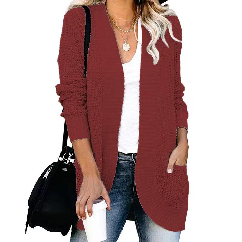 2025 Autumn Solid Color Ribbed Brushed Patchwork Long Sleeve Cardigan Jacket