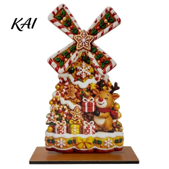 Holiday Seasonal Room Decor Christmas Windmill Wooden Ornament, Decorative Craft with Rotating Ornament Blades, Handmade Figurine for Home Tabletop