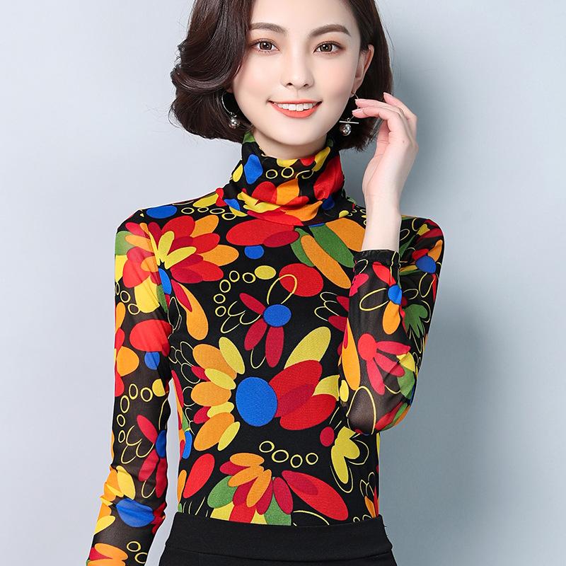 Spring and Autumn New Mesh Top Turtleneck Bottom Shirt Women's Thin Large Size Yarn Slim Versatile Long Sleeve T-Shirt