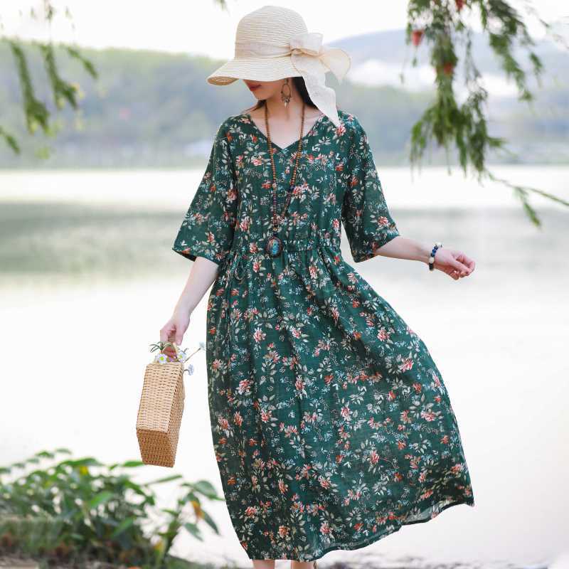 

Длинное платье больших размеров с V-образным вырезом, этническим принтом, разрезными рукавами, свободными завязками на талии 2XL зелёный