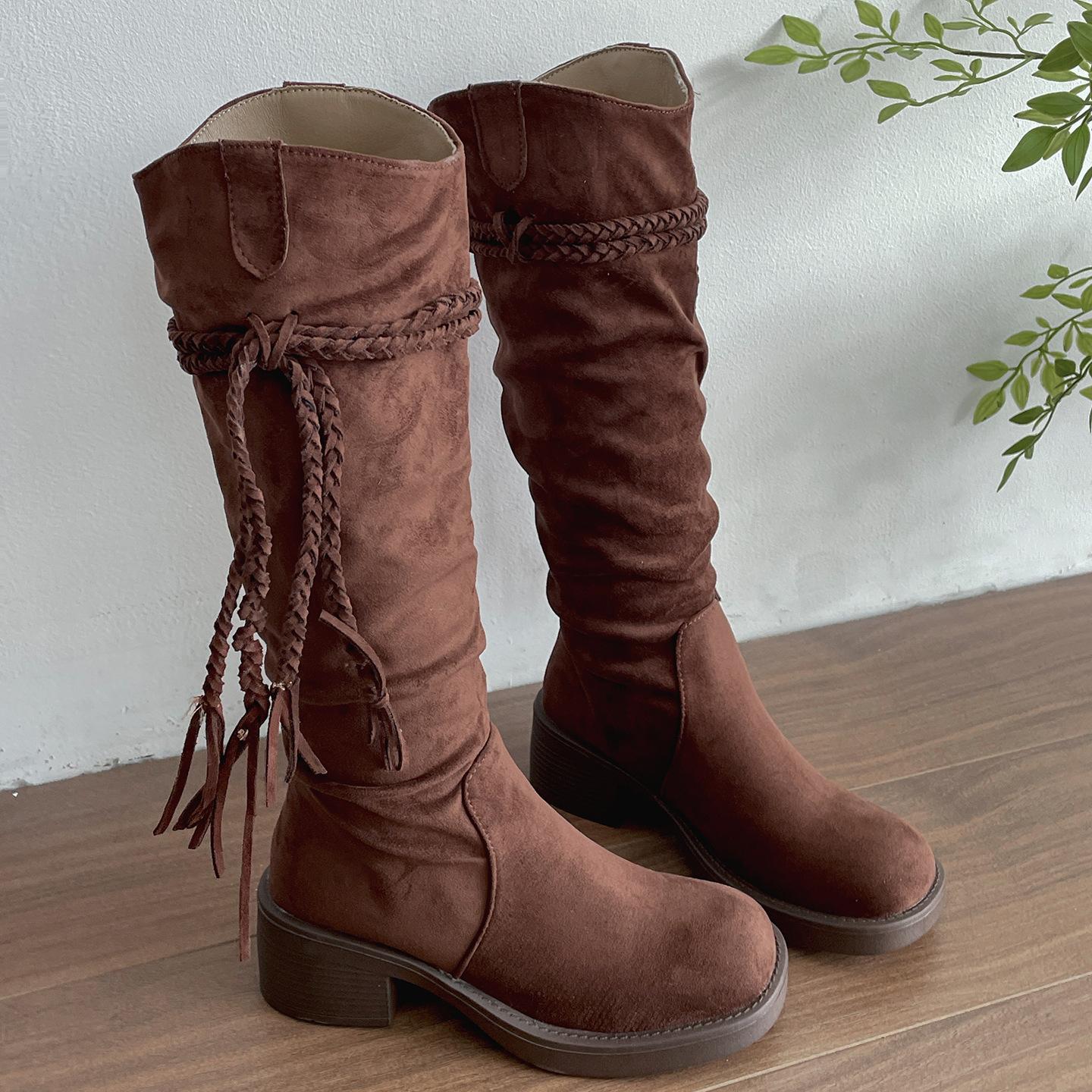 

Khaki retro thick heel boots boots women s 2025 new autumn small slim pile western cowboy boots 35 малиновый