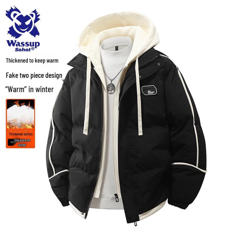 

Wassup Sohot Мужская зимняя куртка с капюшоном, утепленная, имитация двух частей M