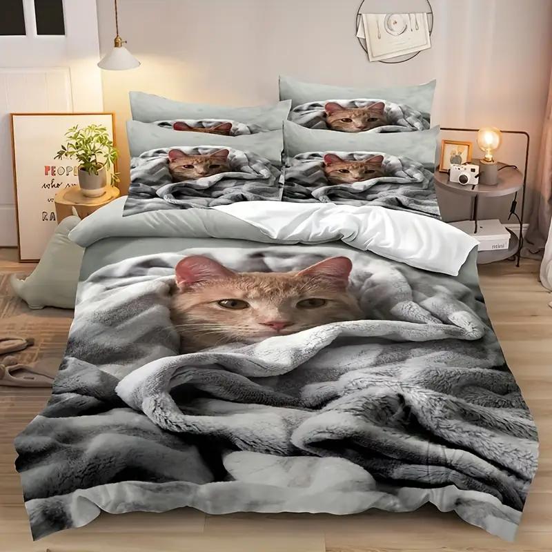 Comforter Cute Cat 3Pcs 3D Digital Printed Soft Comfortable Breathable Bedding Set For Bedroom Dorm
