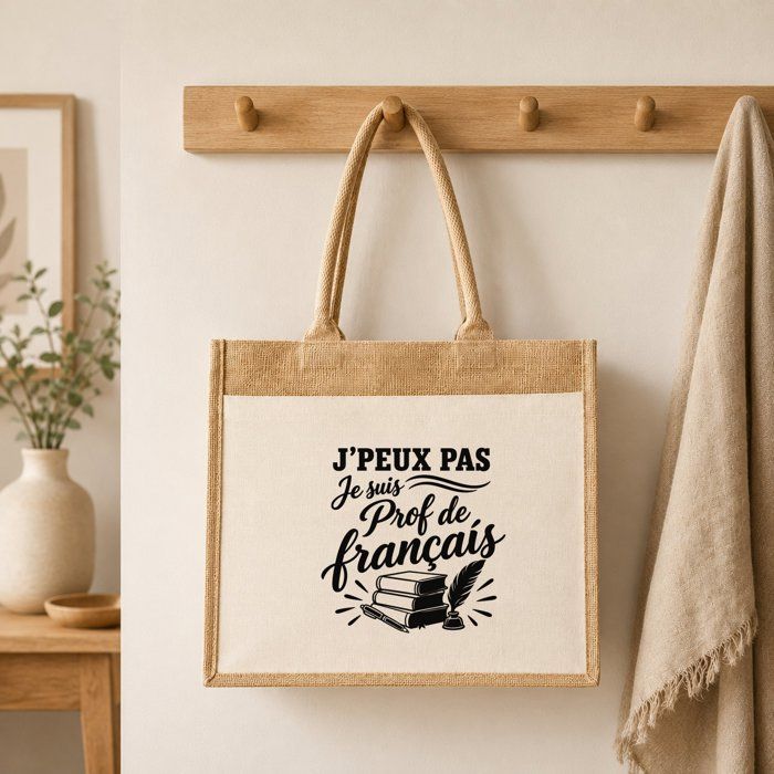 Sac Cabas Jute avec Poche J’peux pas je suis Prof de français J'peux pas minimaliste | Toile de Jute et Coton 21 L Fond Plat Anses