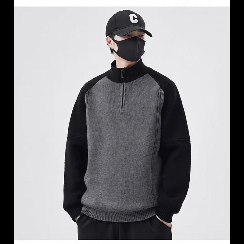 

Men s Apricot Retro Patchwork Half-Zip High-Neck Knit Sweater for Fall and Winter L (115-125 lbs) чорний