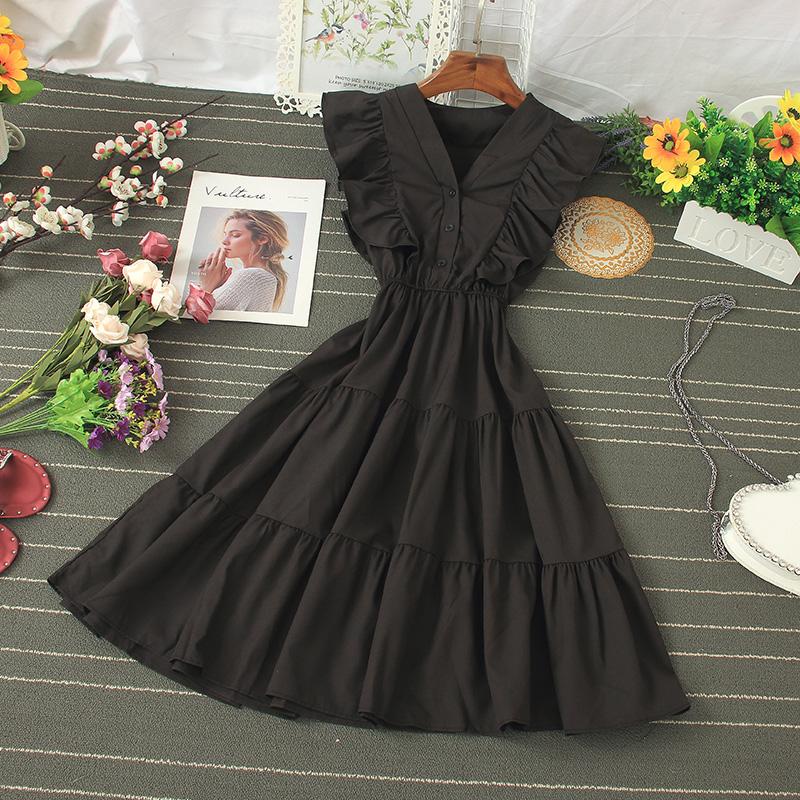 Fashion Ruffle Dress Women Sweet V Neck Sleeveless Pleated Dress Casual Summer Dress Vestidos