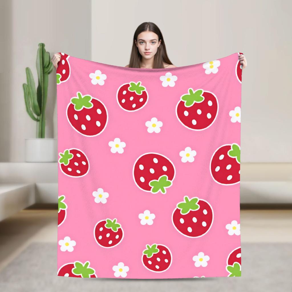 Pink Strawberry Blanket Warm Soft Funny Plush Throw Blanket For Couch Bed Decorative Flannel Bedspread Bed Cover