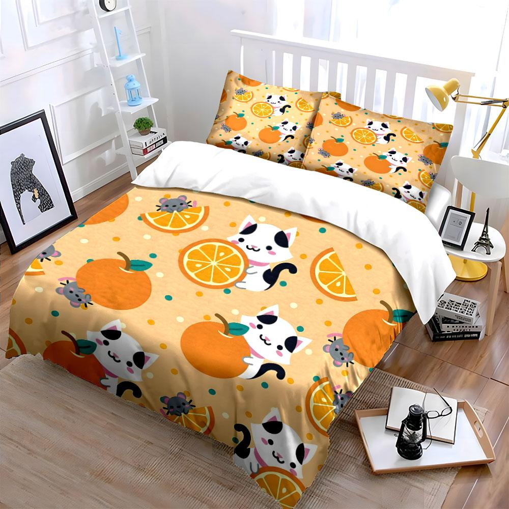 Cat and Orange Cartoon Pattern Bedding Duvet Cover Set (1*Duvet Cover 2*Pillowcases, Without Duvet Insert)