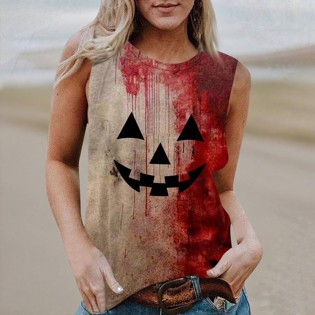 Dame Rund Hals Casual Ermeløs Halloween Trykket Vest T-skjorte Topp