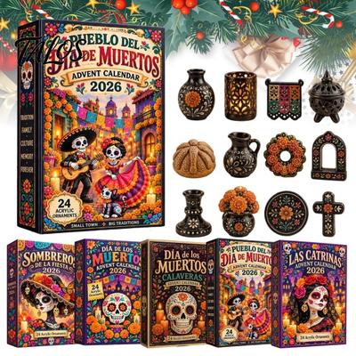 Holiday Decorative Display Day of The Dead Advent Calendar, 24-Pack Acrylic 2D Ornament Christmas Countdown Calendar Set with Sugar Skull Designs,