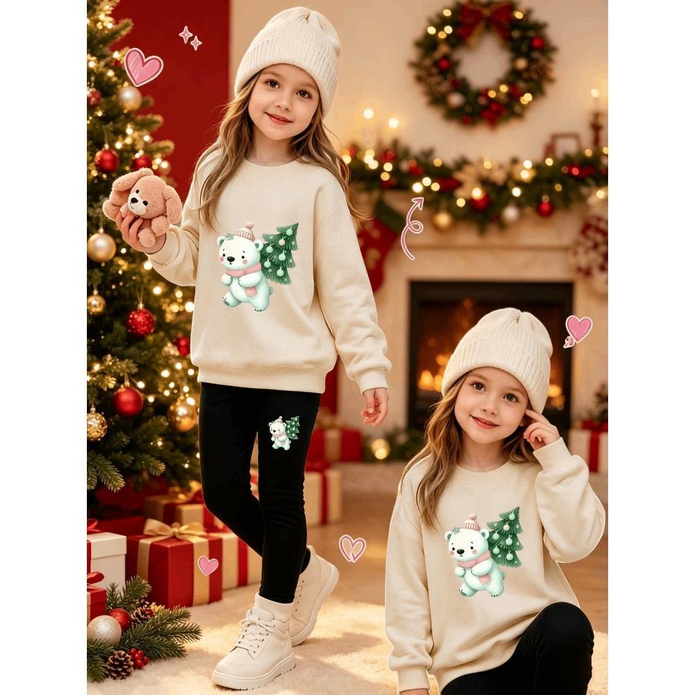 Girls' Christmas Cat Casual Comfortable Soft Loose Pullover Sweatshirt and Leggings 2-Piece Set, New Autumn/Winter, Playful, Sweet and Cool Style