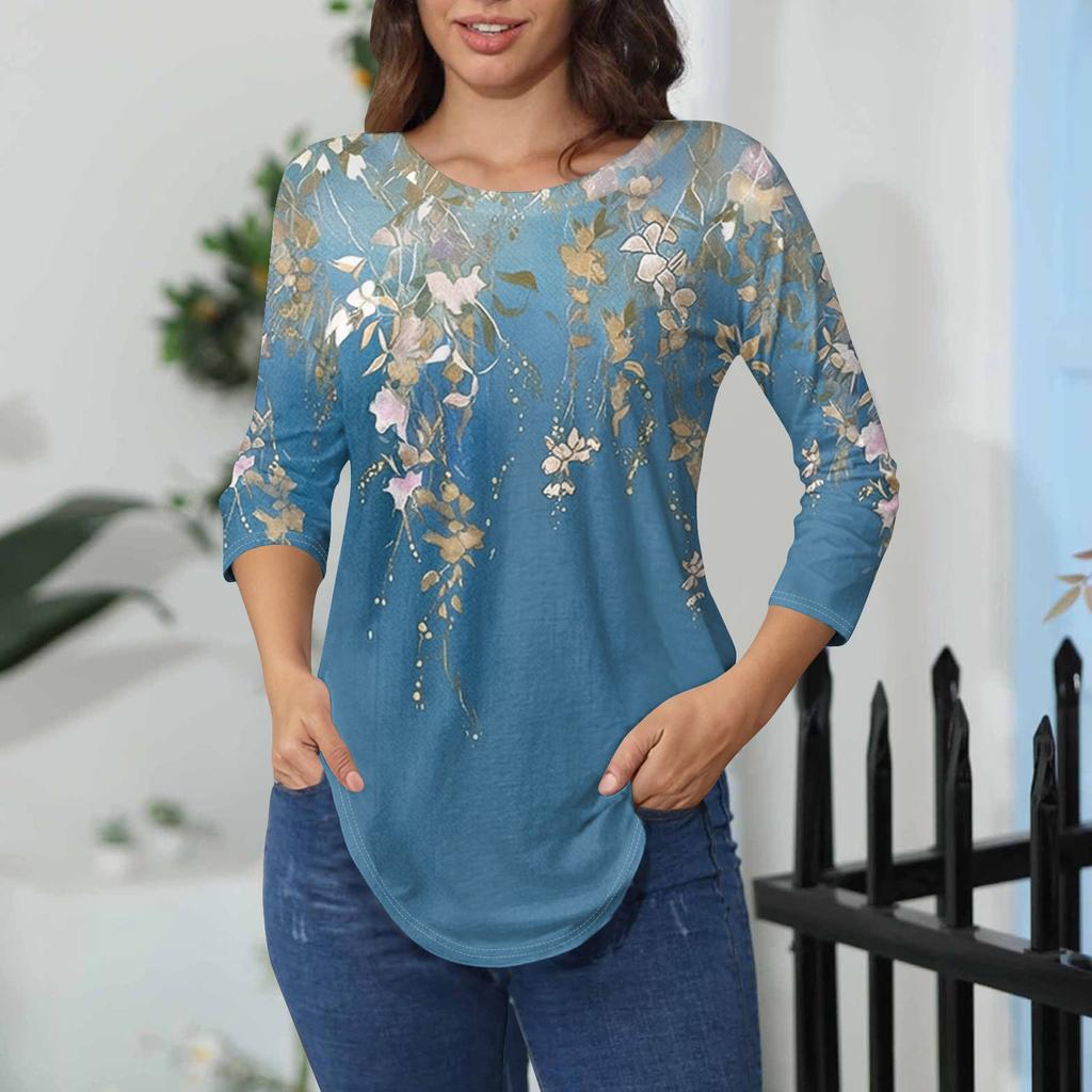 Womens T Shirts 3/4 Sleeve Shirts Solid Color Pullover Summer Spring Tops Blouses