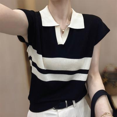 Maglione Lavorato a Maglia a Righe alla Francese Moda Estiva da Donna Nuovo Design con Colori a Contrasto ed Elegante Top T-shirt con Revers