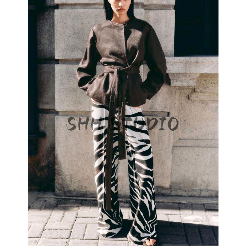 Linen Blend with Belt round Neck Kimono Coat 8426329 Balloon Mid Waist Pants 7627242