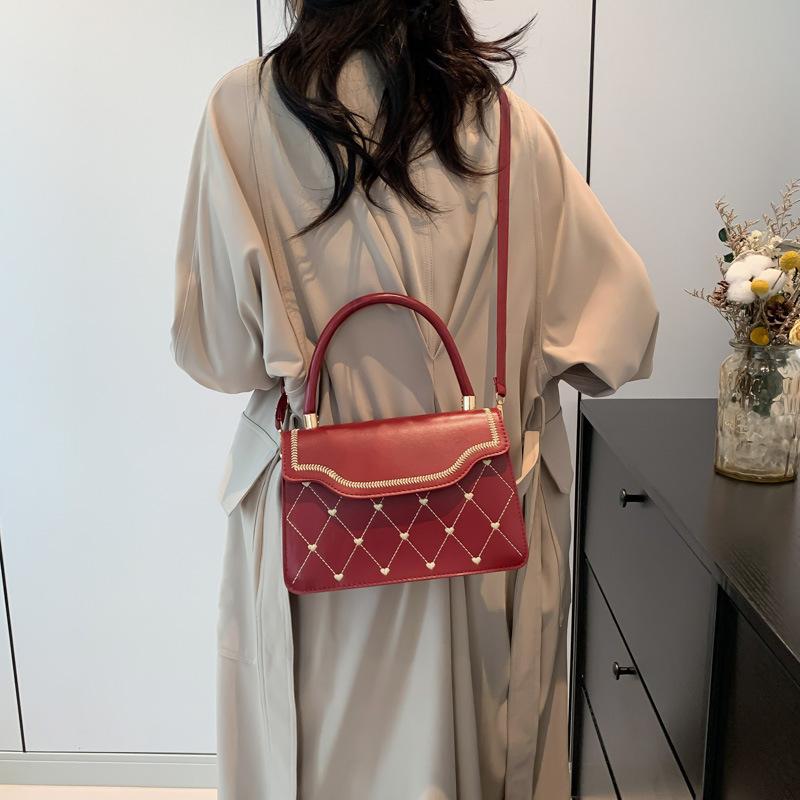 Fashion Embroidered Thread Small Square Bag Handbag Texture Pu Shoulder Bag Premium Retro Messenger Women'S Bag