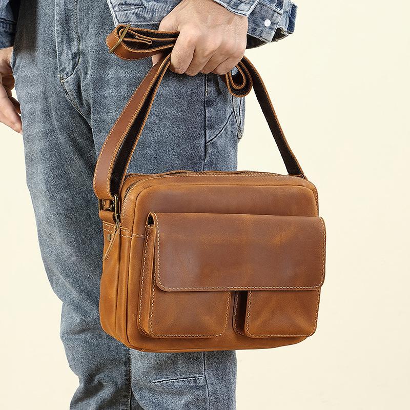 Head Layer Cowhide Shoulder Bag, Genuine Leather, High-end Feeling, Crossbody Men's Leather Bag, Crazy Horse Leather, Personalized Mailman Backpack