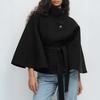 Women's Batwing Sleeve Wool Poncho Coat Stand Collar Cropped Cape Jacket with Belt Fall Winter