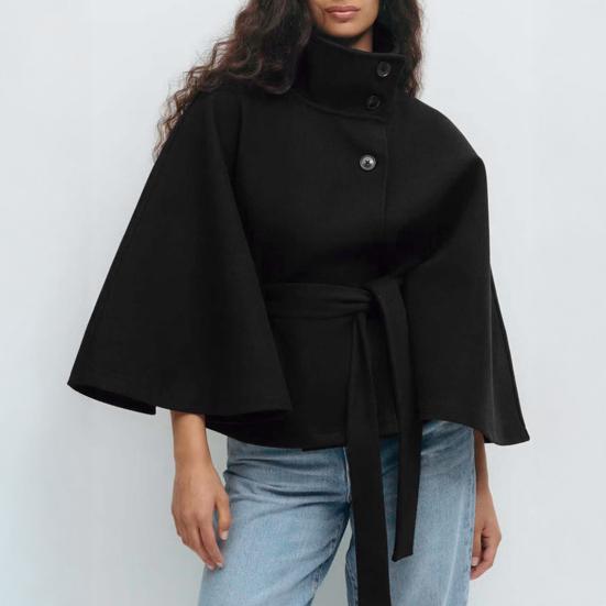 Women's Batwing Sleeve Wool Poncho Coat Stand Collar Cropped Cape Jacket with Belt Fall Winter