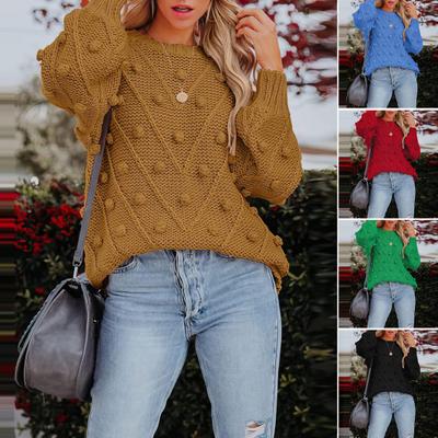 Women Sweater Tops Round Neck Long Sleeve Jacquard Decor Knitted Tops Solid Color