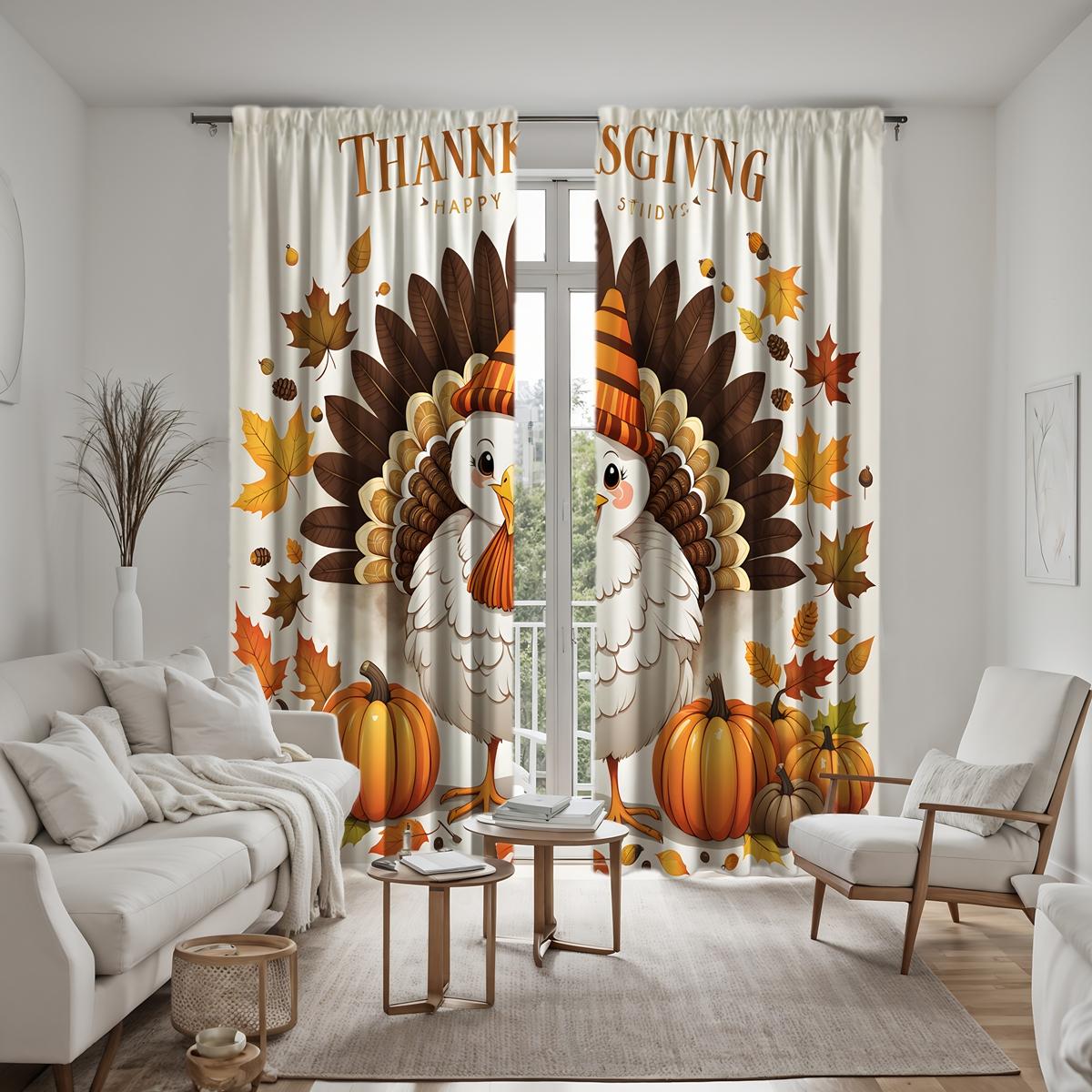 

2 шт. HD занавеска с изображением индейки в виде тыквы на День благодарения, зеленая, белая, с цифровым принтом, занавеска для домашнего декора, украсит гостиную, кровать W52H63inchW132H160cm
