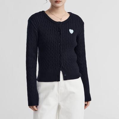 Dark Blue Preppy Style Twist Long Sleeve Knitted Cardigans Women Heart Embroidery Sweet Sweater Coats Tops Korean Fashion