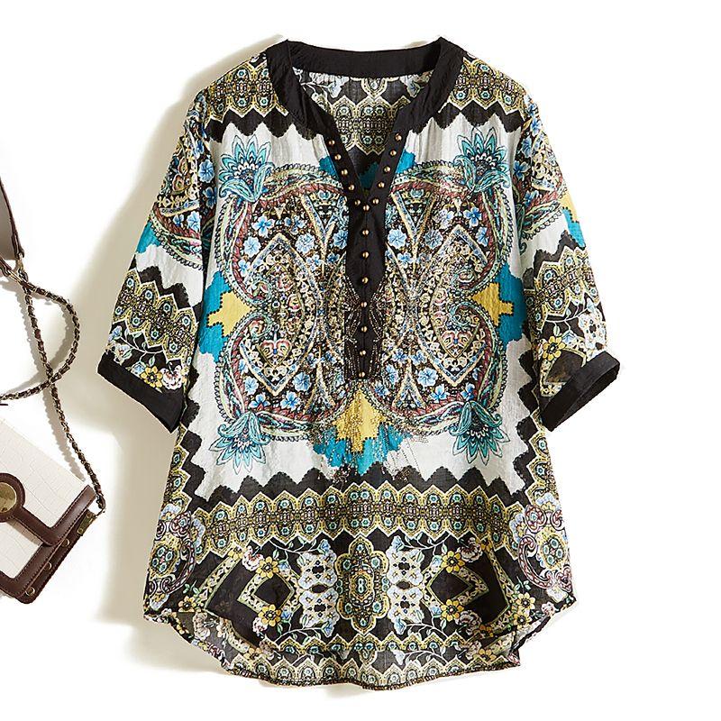 

Positioning Retro Print Shirt! Women s Chinese Style V-neck Bead Water Soluble Diamond Half Sleeve Ramie T-shirt Breathable Strong Push Color XL