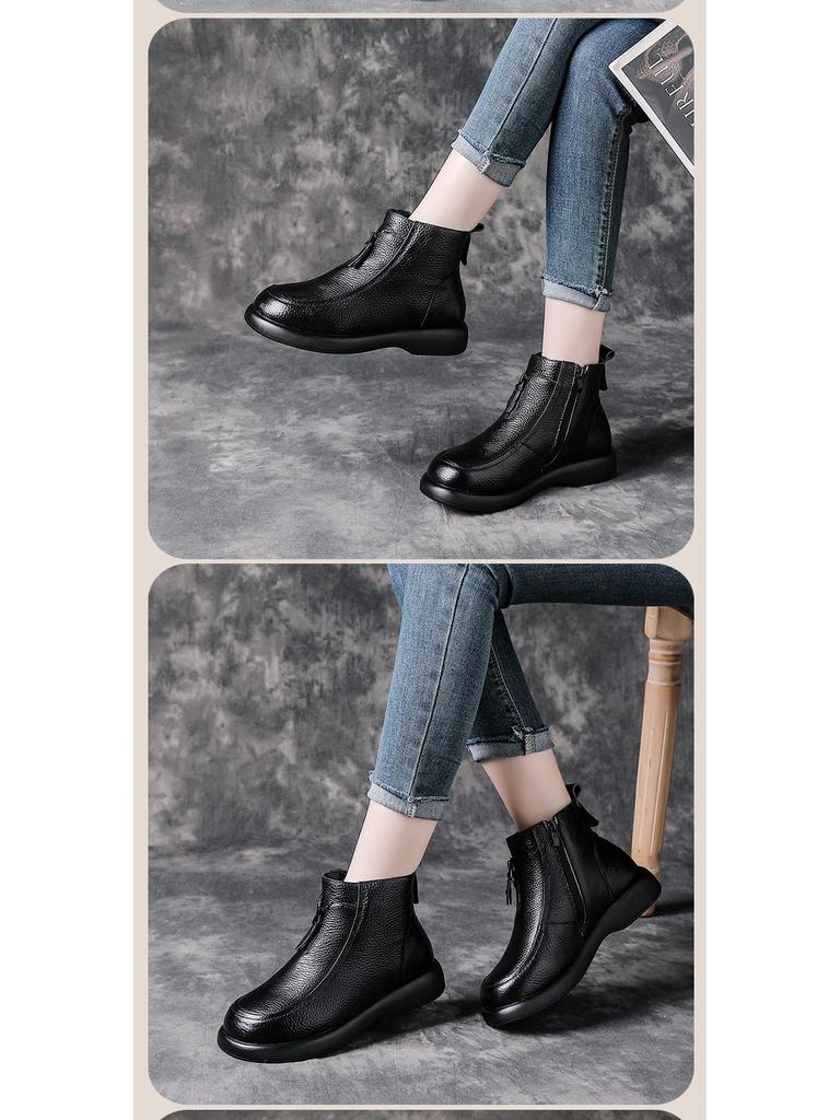 Zimowe damskie skórzane botki Martin na średnim obcasie z wełnianą podszewką - ciepłe buty dla mamy na masywnym obcasie