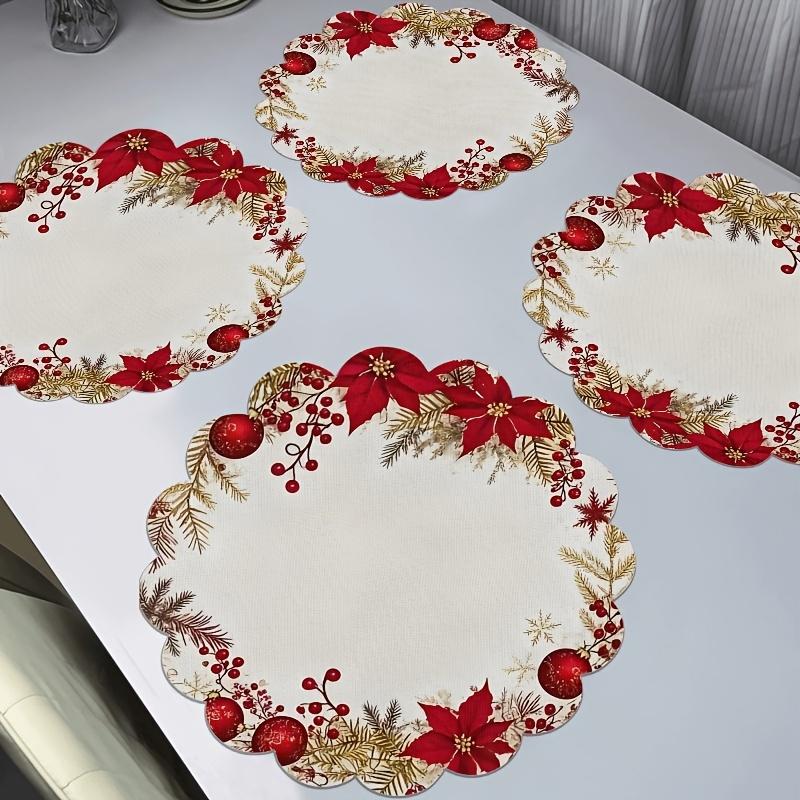 Christmas Themed Exquisite Printed Wavy Placemats, Red Berries, and Golden Pine Branch Patterns, Non-slip, Heat-resistant, Suitable for Holiday Table