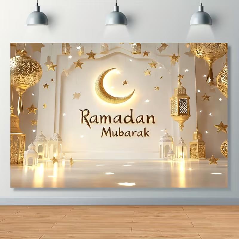 2D Glowing Ramadan Moon & Star Backdrop Wall Hanging Festival Background Cloth