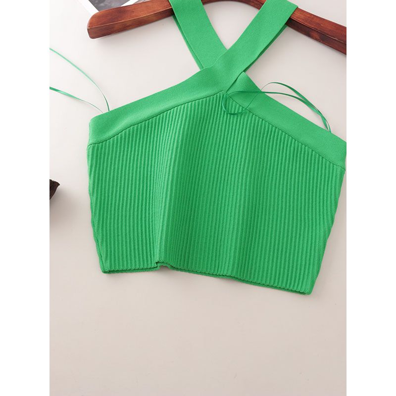 American Fashion Brand Cross Hanging Neck Cami Summer Rib Solid Sexy Short Knitted Top Women