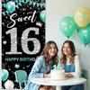 Sweet 16 Party Decorations, Fabric Happy 16th Birthday Banner Backdrop Teal Blue Silver, Sweet Sixteen Birthday Decorations for Girls, Turquoise 16