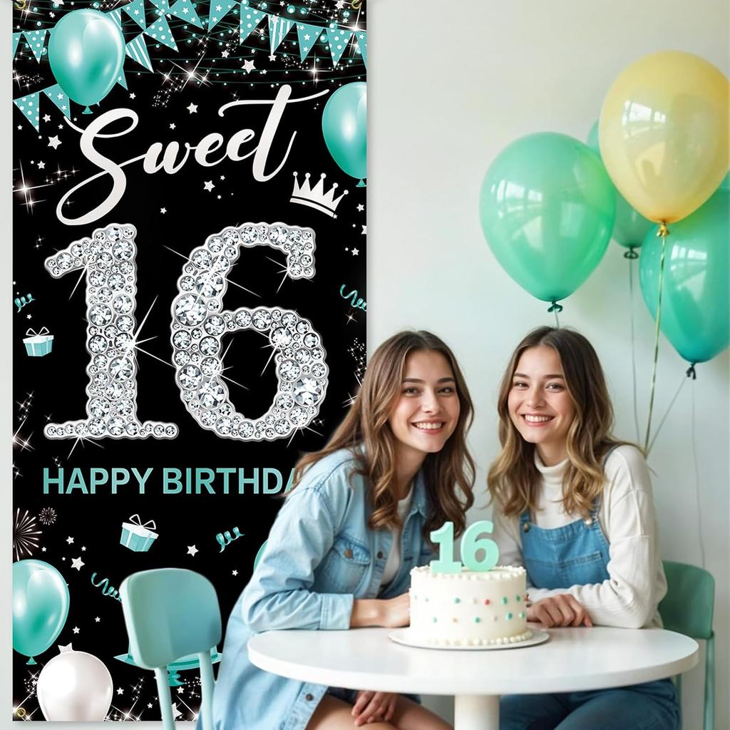 Sweet 16 Party Decorations, Fabric Happy 16th Birthday Banner Backdrop Teal Blue Silver, Sweet Sixteen Birthday Decorations for Girls, Turquoise 16