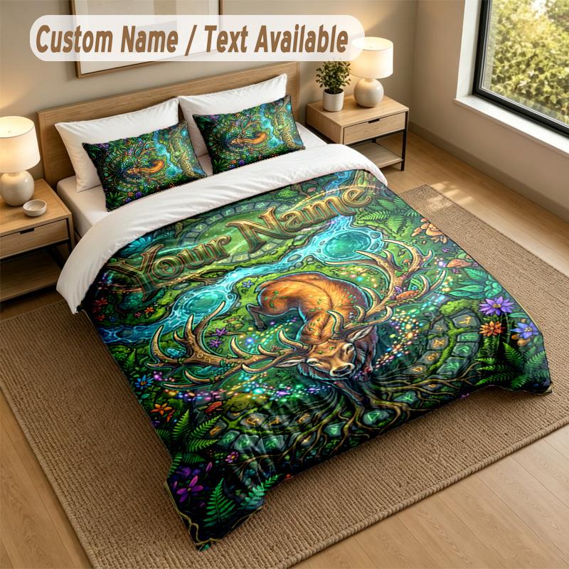Deer Theme Personalized 3Pcs Bedding Set Custom Text & Name 1 Sheet 2 Pillowcases Household Bedding 1pc