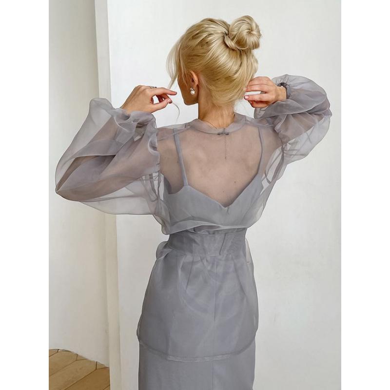 Spring/Summer Sexy Black Sheer Mesh Shirt Jacket For Women, Niche Long-Sleeve Blouse For Girls