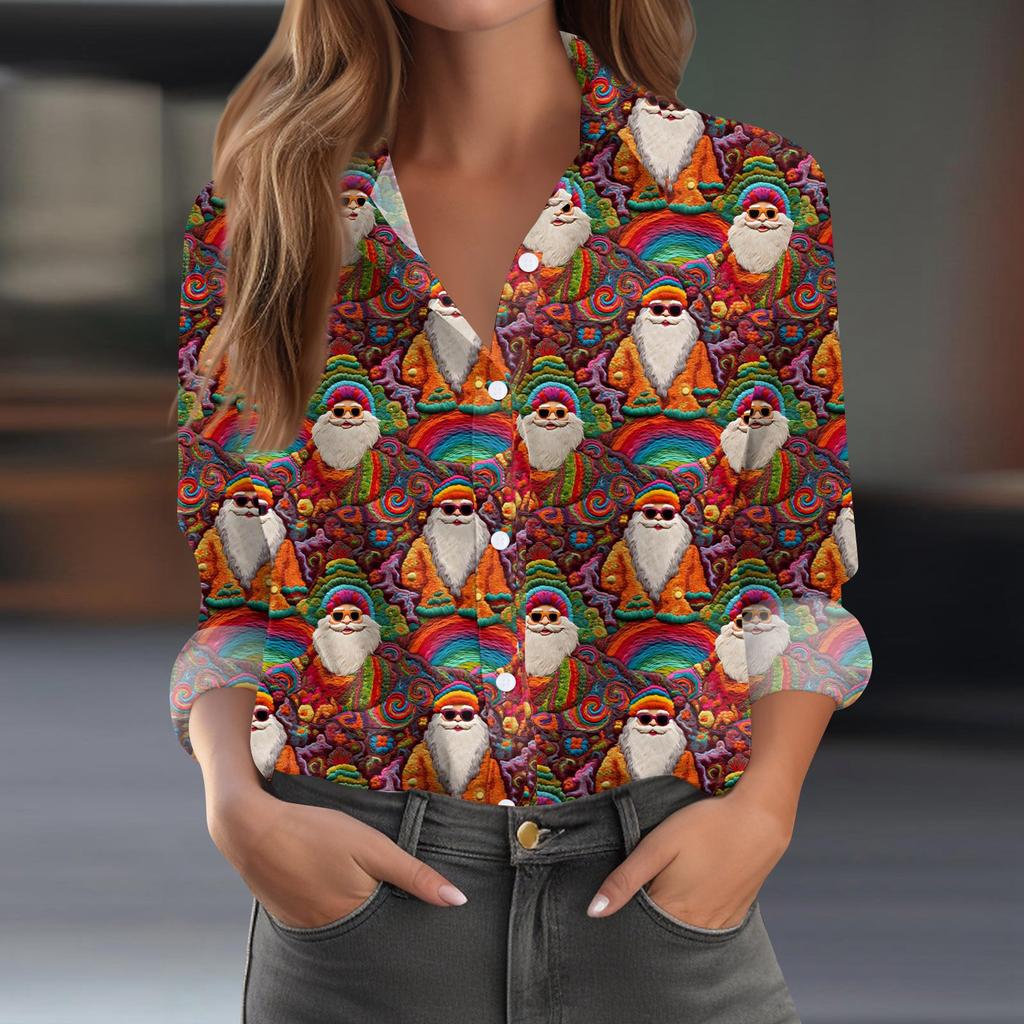 Women's Shirt Blouse Christmas Print Button Long Sleeve Casual Basic Shirt Collar Regular Top