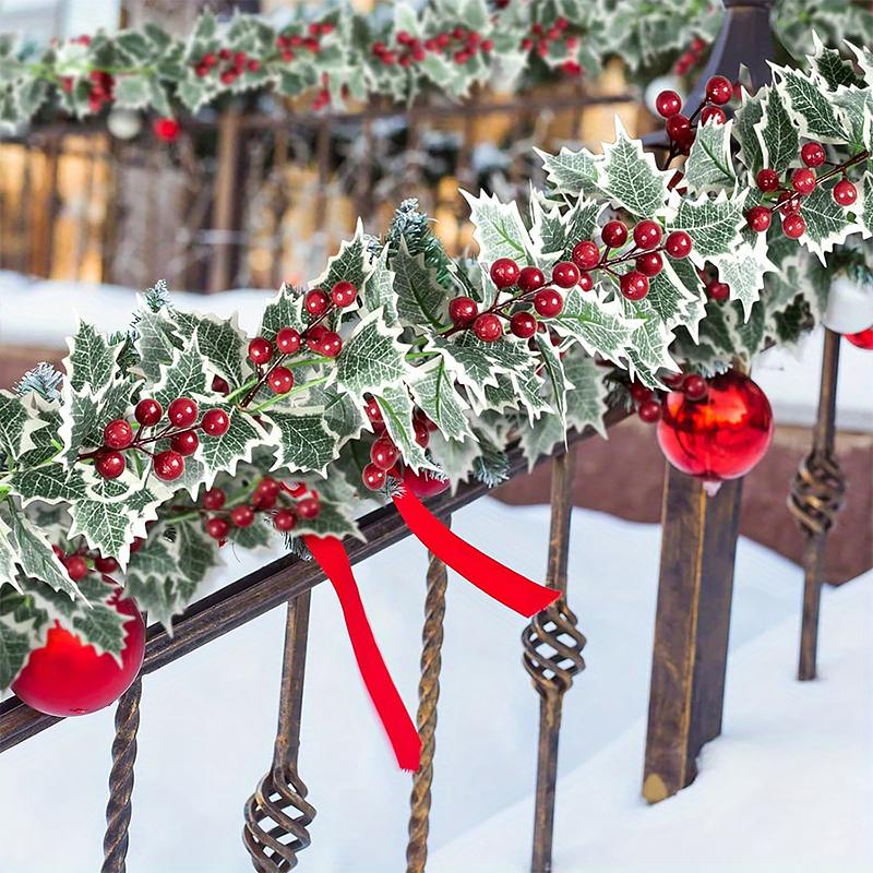 1PC Christmas Tree Vine Decorations Fireplace Wreath Gardens Artificial Holly Leaves Home Plastic Xmas Trees Red Berries Holiday