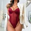 Mesh splicing gathering suspenders sex underwear women's European and American sexy perspective high fork onesie Temu