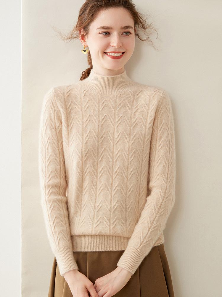Women's 2025 Double-strand Thick Branch Pattern Half-high Collar Cashmere Wool Knit Sweater